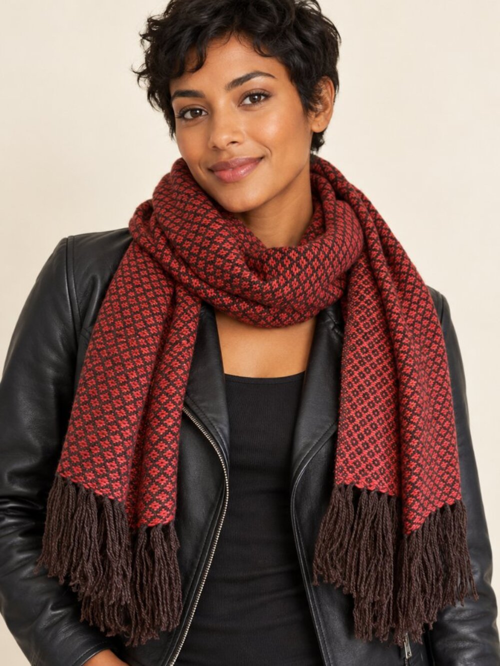 Red & Dark Brown Woven Oversized Scarf with Fringe